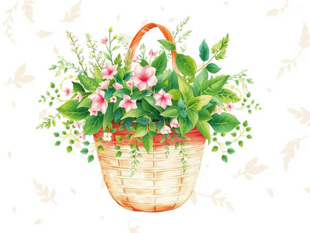 Basket with flowers and leaves on white background. Vector illustration.の素材