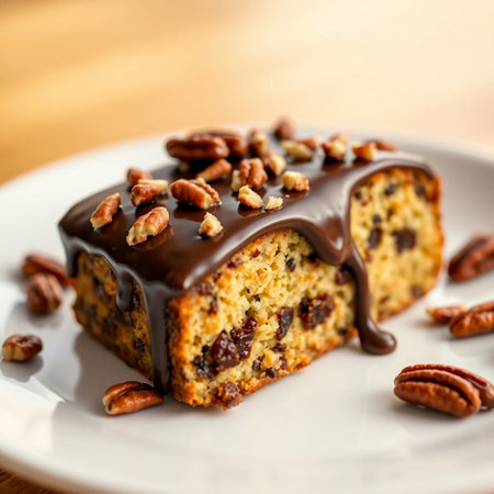 Pecan bread with chocolate and pecan nuts on a plateの素材