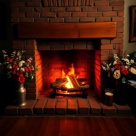 Fireplace with burning firewood and flowers in a dark room.の素材