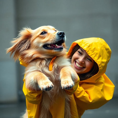 Girl in raincoat and yellow raincoat with golden retriever dogの素材