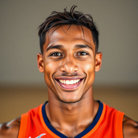 Portrait of a young Asian basketball player smiling at the cameraの素材
