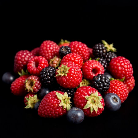 blackberries and raspberries in a bowl on a black backgroundの素材