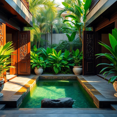 Beautiful luxury hotel swimming pool in tropical garden - Vintage Light Filterの素材