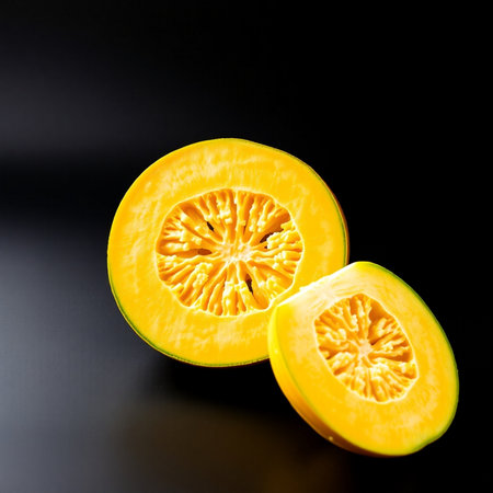 Piece of yellow melon on black background. Studio shot.の素材