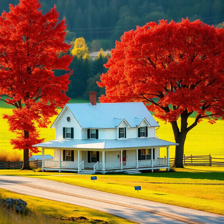 Countryside house in the middle of a field with colorful maple trees.の素材