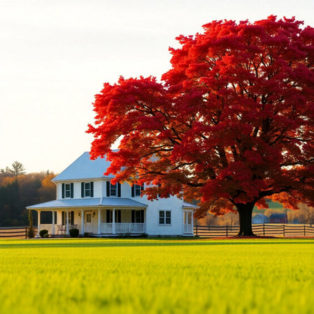 American Countryside Landscape with Red Maple Tree and Farm House.の素材