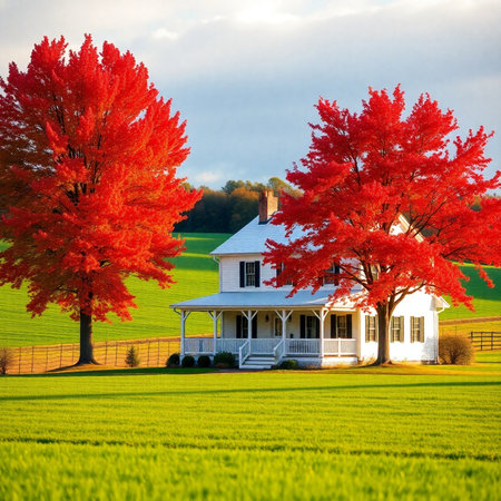 American Countryside Landscape with Red Maple Trees and a White Houseの素材