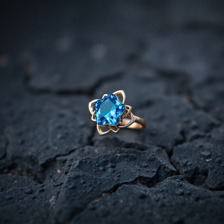 jewelry ring with blue sapphire on a black backgroundの素材