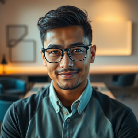 Portrait of handsome Asian man in eyeglasses looking at camera and smiling while working in officeの素材