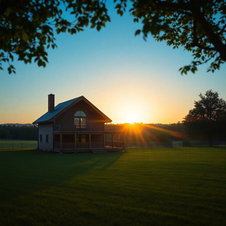Wooden house in the meadow at sunset. Rural landscape.の素材