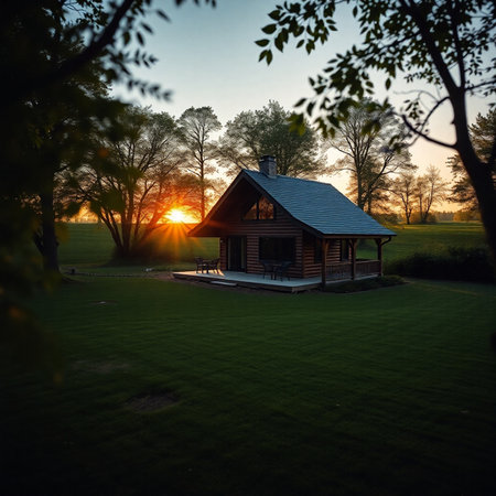 A beautiful shot of a wooden house in the middle of a fieldの素材