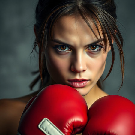 Closeup portrait of a beautiful young woman with red boxing gloves.の素材