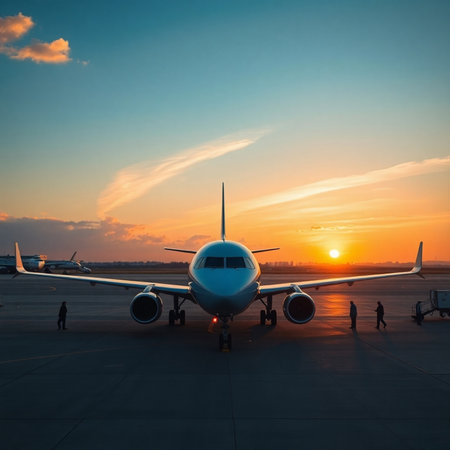 Airplane in the airport at sunset. Business travel and vacation conceptの素材