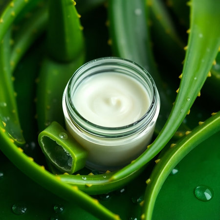 Jar of cream with aloe vera on green background, closeupの素材