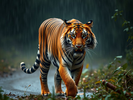 Sumatran tiger walking in rain. Panthera tigris altaicaの素材