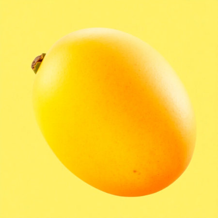 Mango isolated on yellow background. Top view. Flat lay.の素材