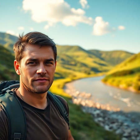 Handsome young man with backpack on the background of a mountain riverの素材