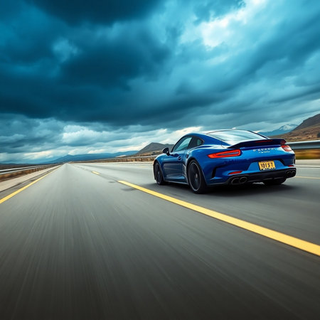 car on road with motion blur and stormy sky. 3d renderingの素材