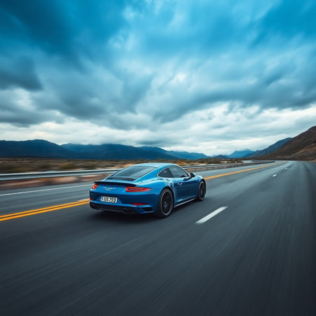 3D rendering of a blue sports car driving on a highway.の素材