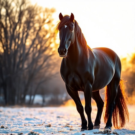 Beautiful horse in winter landscape at sunset. Purebred stallion.の素材