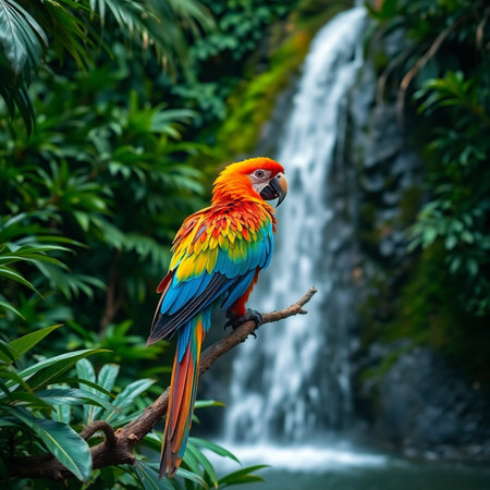 Colorful macaw sitting on a branch in the tropical forest.の素材