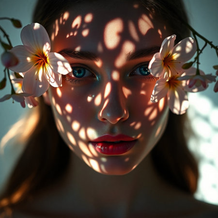 Fashion portrait of beautiful young woman with flowers in her hair.の素材