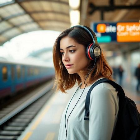 Young woman with headphones listening to music and waiting for the train.の素材