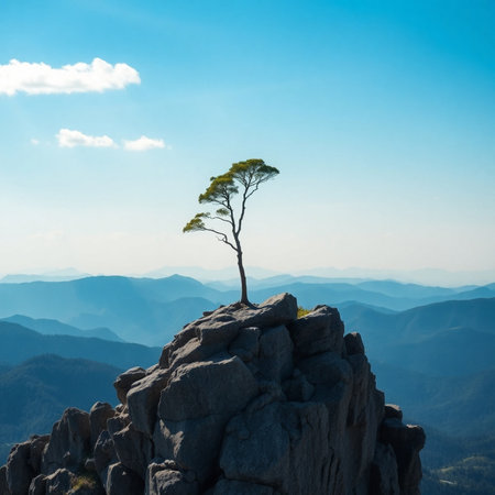 Tree on the top of the mountain. Beautiful nature landscape background.の素材