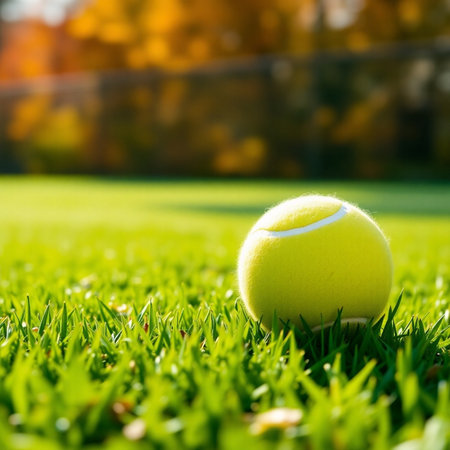 Tennis ball on green grass with blurred background and copy space.の素材