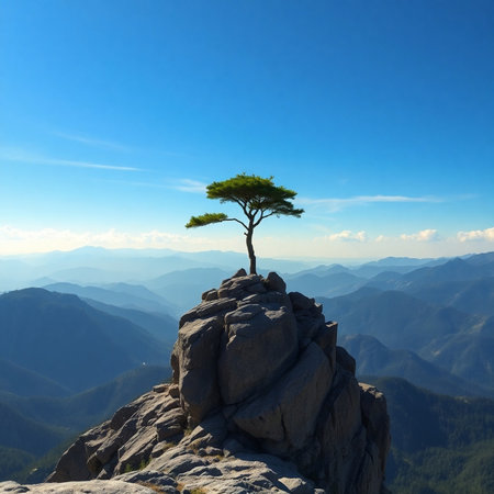 Tree on the top of the rock in the mountains. Nature composition.の素材
