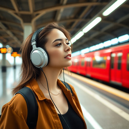 Young woman listening to music with headphones on the platform of a train station.の素材