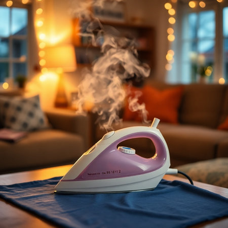 Steam iron on the table in the living room in the evening.の素材