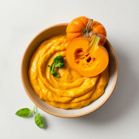 Pumpkin puree in a bowl on a white background.の素材