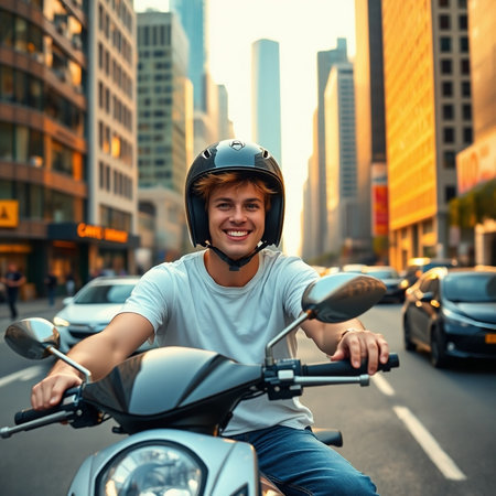 Young man in helmet riding a motorbike on the street in the cityの素材