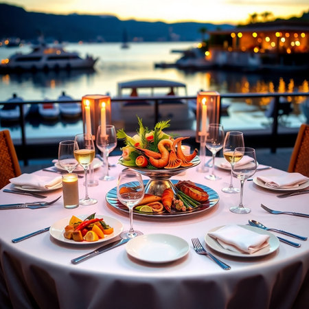 Restaurant table setting on the background of the sea and mountainsの素材