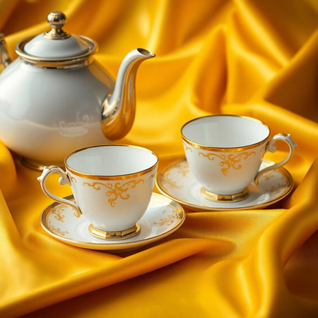 tea set on yellow satin background, close up, selective focusの素材
