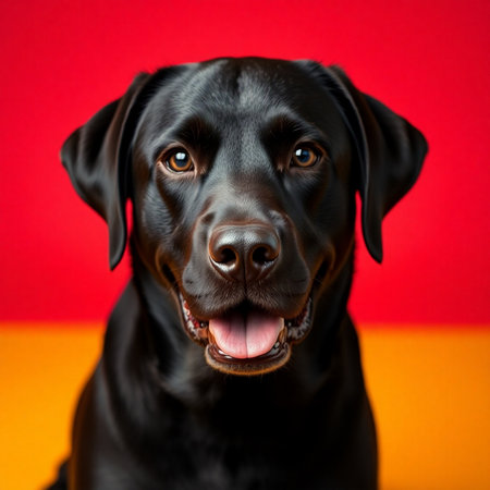 Portrait of a black labrador retriever dog on a red backgroundの素材