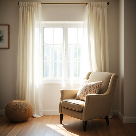 Comfortable armchair in room with window and curtains. Interior designの素材
