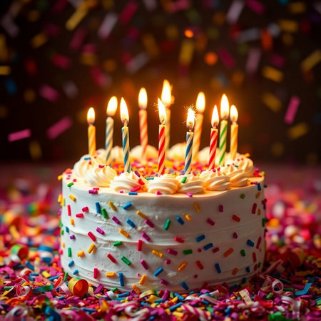 Birthday cake with burning candles and colorful confetti on dark backgroundの素材