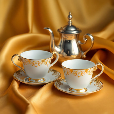 tea set on golden satin background, closeup of photoの素材