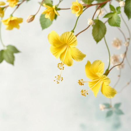Yellow hibiscus flowers and green leaves on white background.の素材