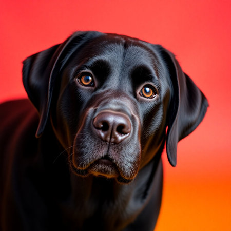 Portrait of a black labrador retriever on a red backgroundの素材