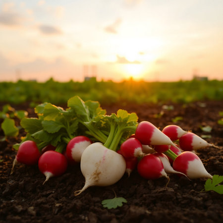 Radish on the field at sunset. Harvesting season. Selective focus.の素材