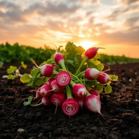 Bunch of fresh radishes on the field at sunset. Close up.の素材
