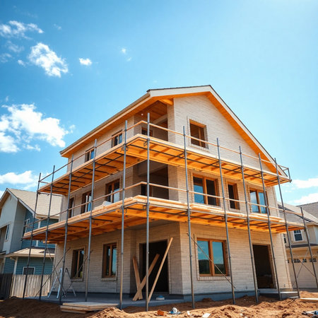 Modern house under construction with scaffolding on blue sky background. Construction site.の素材