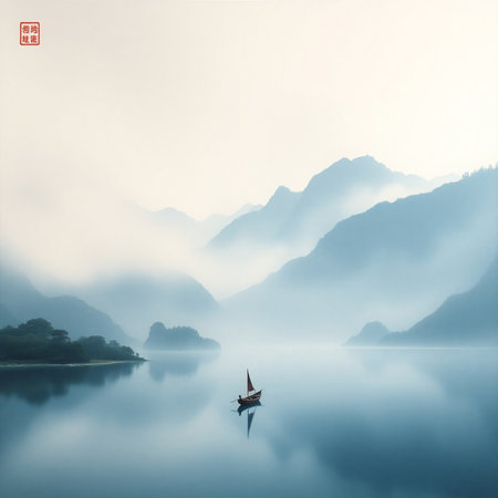 Lake landscape with boat and foggy mountains. Chinese calligraphy.の素材