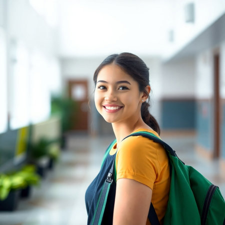 Portrait of a smiling young woman with backpack in corridor at schoolの素材