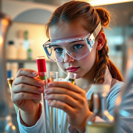 Scientist girl working in laboratory. Science, chemistry, biology, medicine and people concept.の素材