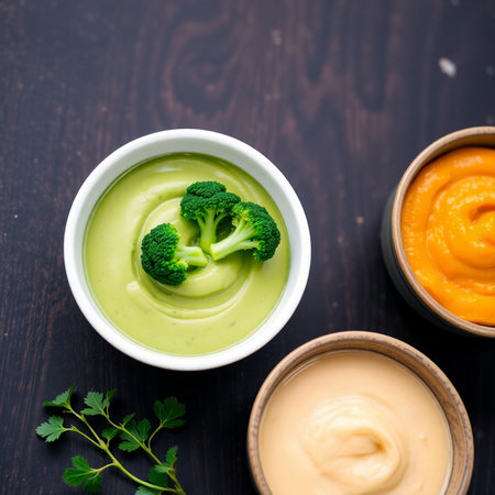 broccoli puree in bowl on wooden background. Selective focus.の素材