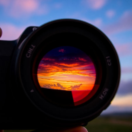 Camera lens with a colorful sunset in the background. Shallow depth of field.の素材